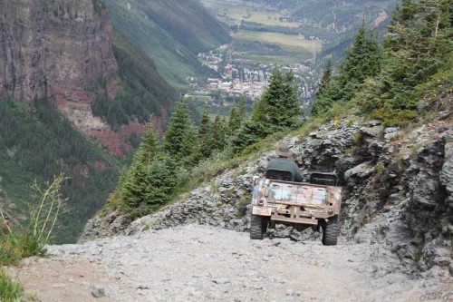 Grampa’s Jeep rolls down The Steps on Black Bear Road above Teluride Colorado, summer 2016.