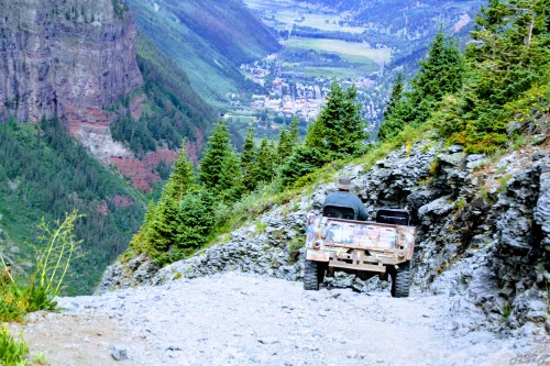 Grampa’s Jeep rolls down The Steps on Black Bear Road above Teluride Colorado. This photo was stylized by Google.